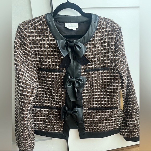 Anthropologie Tweed Vegan Leather Trimmed Jacket with bows (L) - Picture 3 of 6